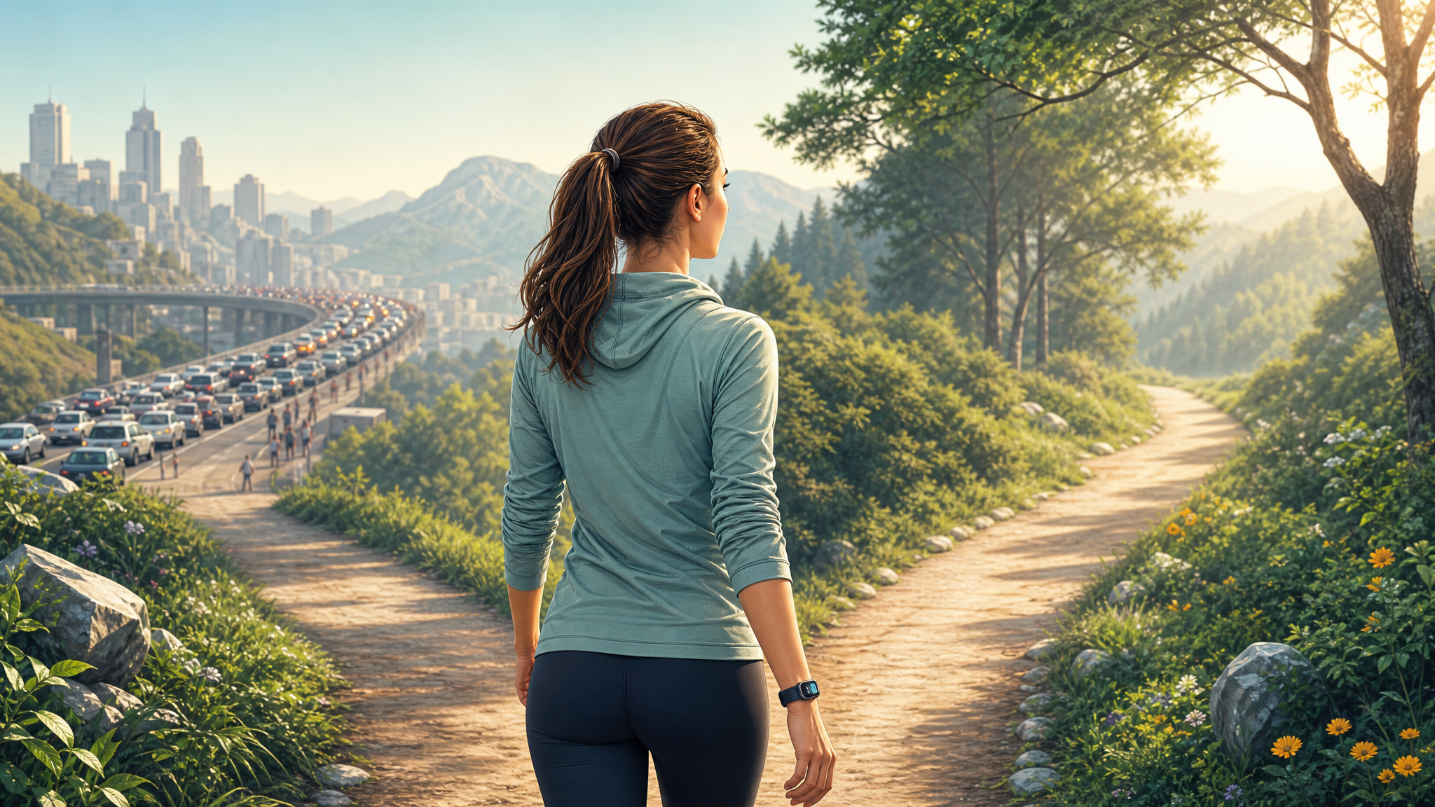 Person walking on a scenic path with fitness tracker, illustrating the 10,000 steps myth