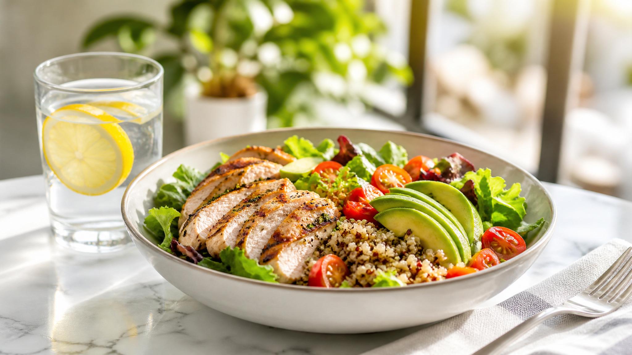 Fresh healthy lunch with salad, chicken, avocado and quinoa