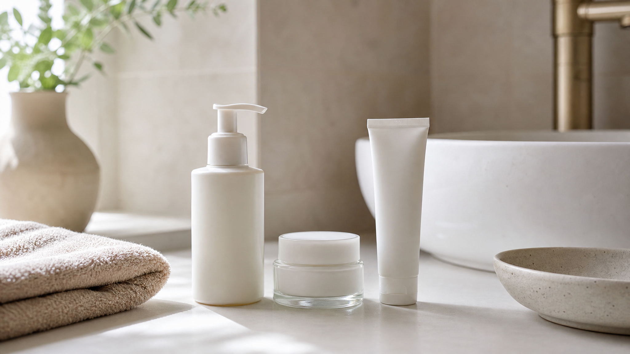 Gentle skincare products for skin barrier repair on a bathroom counter