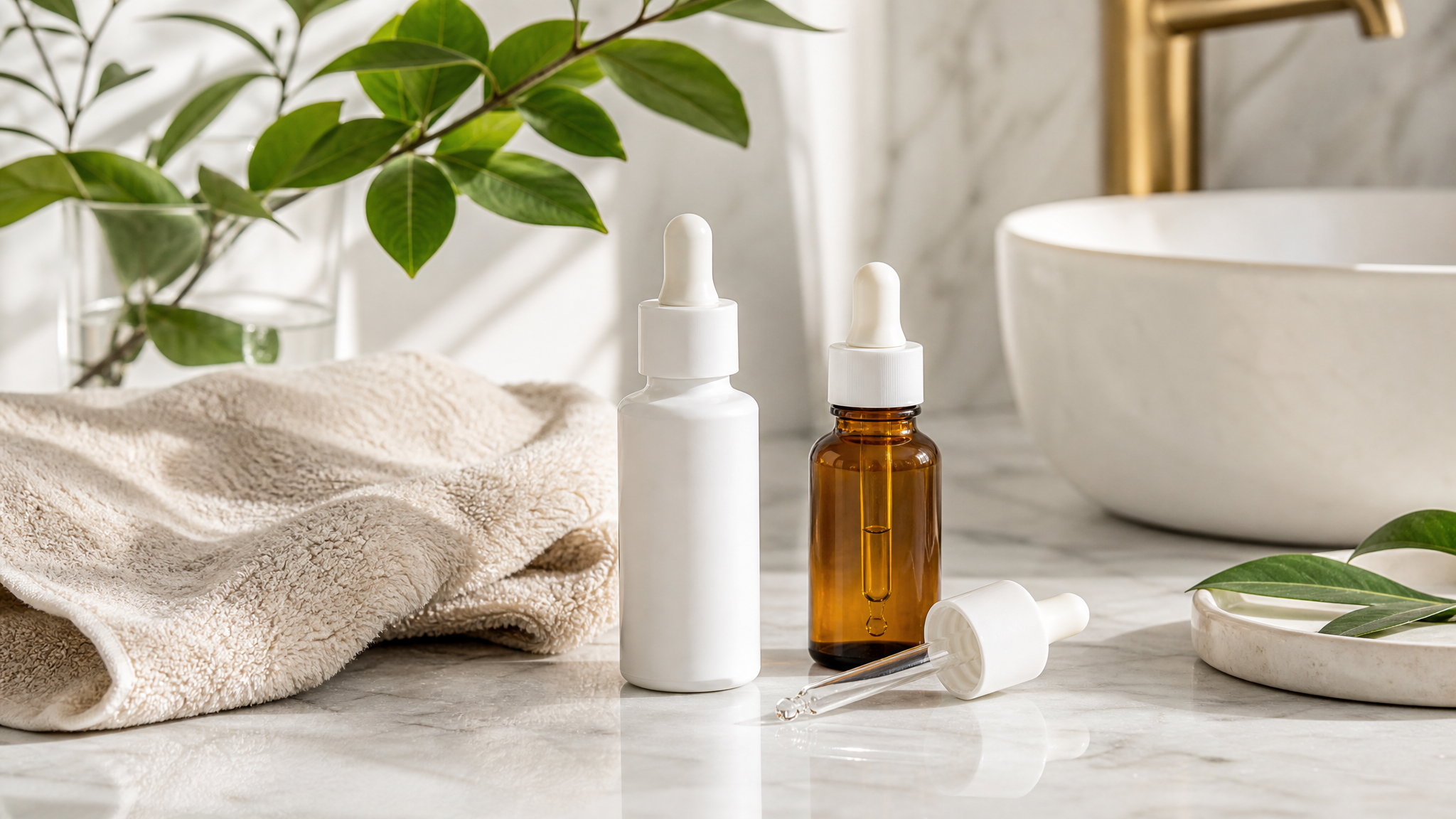 Minimalist skincare serum bottles on a bathroom counter
