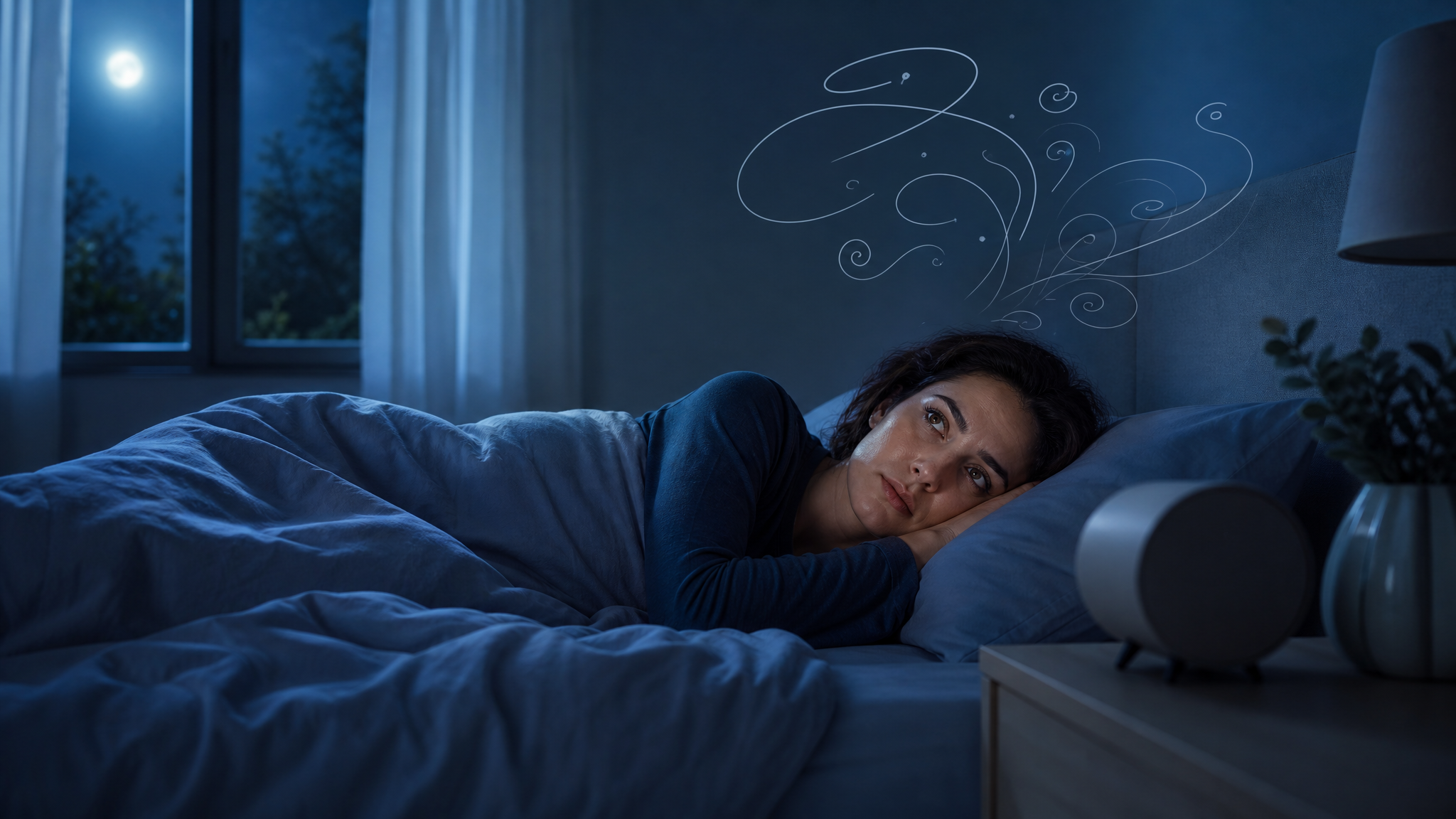 A tired person lying awake in bed at night with a turned-away alarm clock