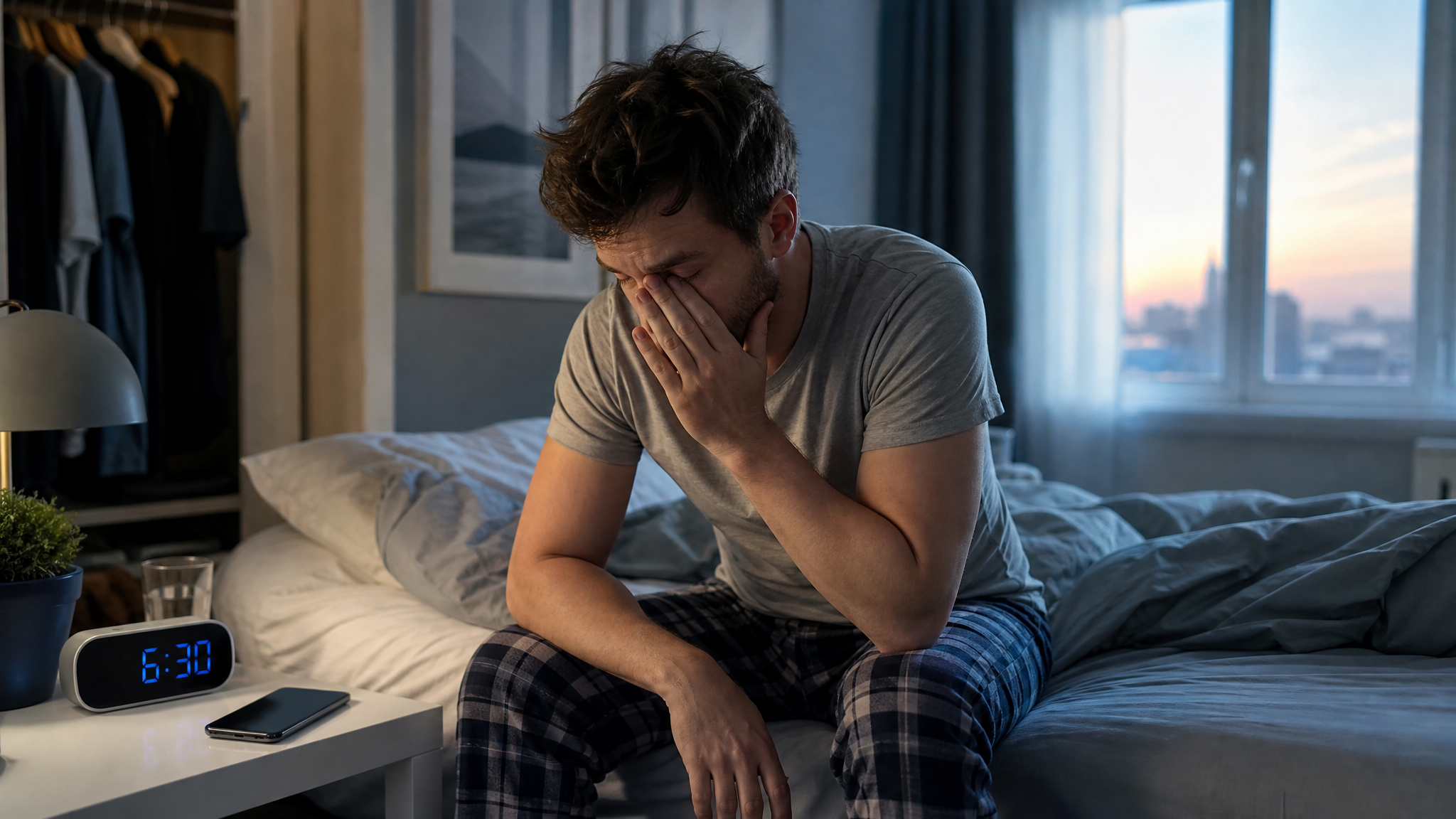 Tired person waking up early after a weekend sleep schedule shift